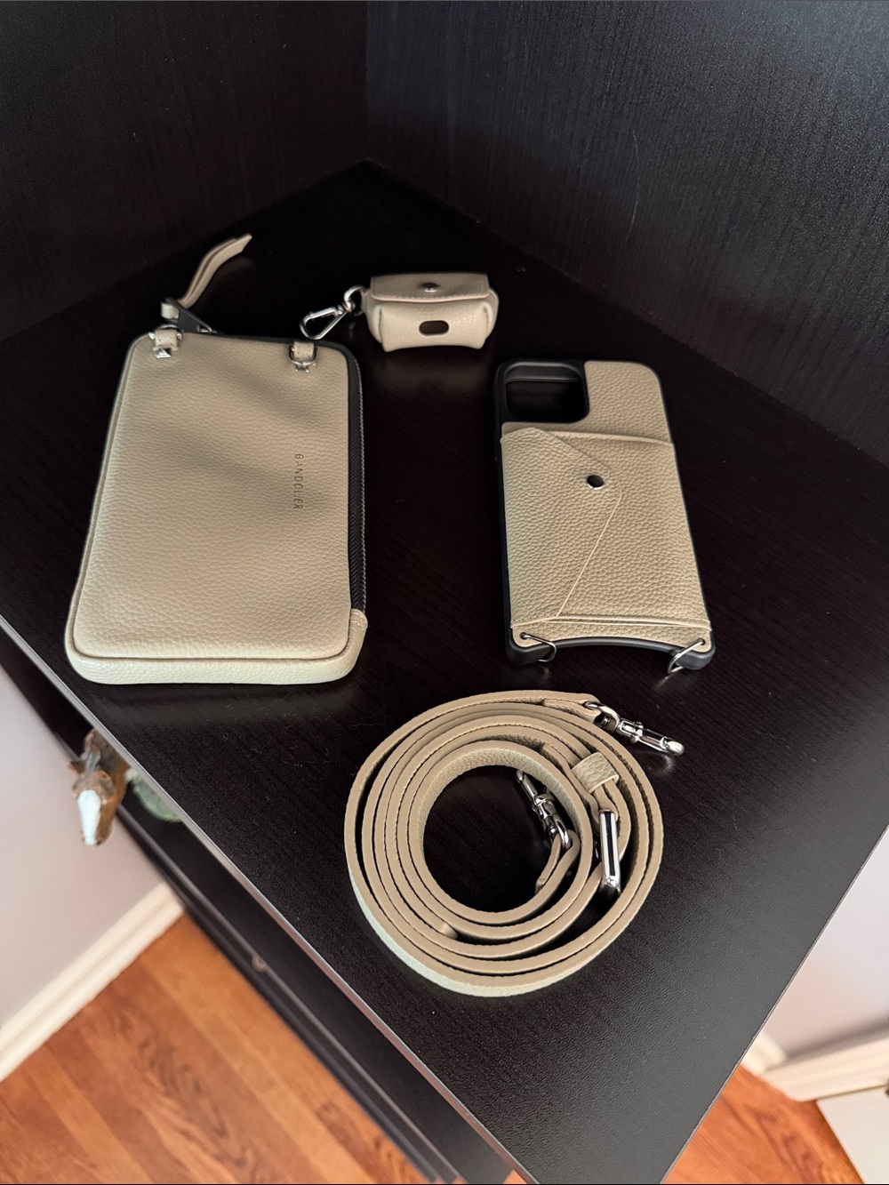 Bandolier Pebble-Grain Beige Crossbody Phone Case Trio with Strap